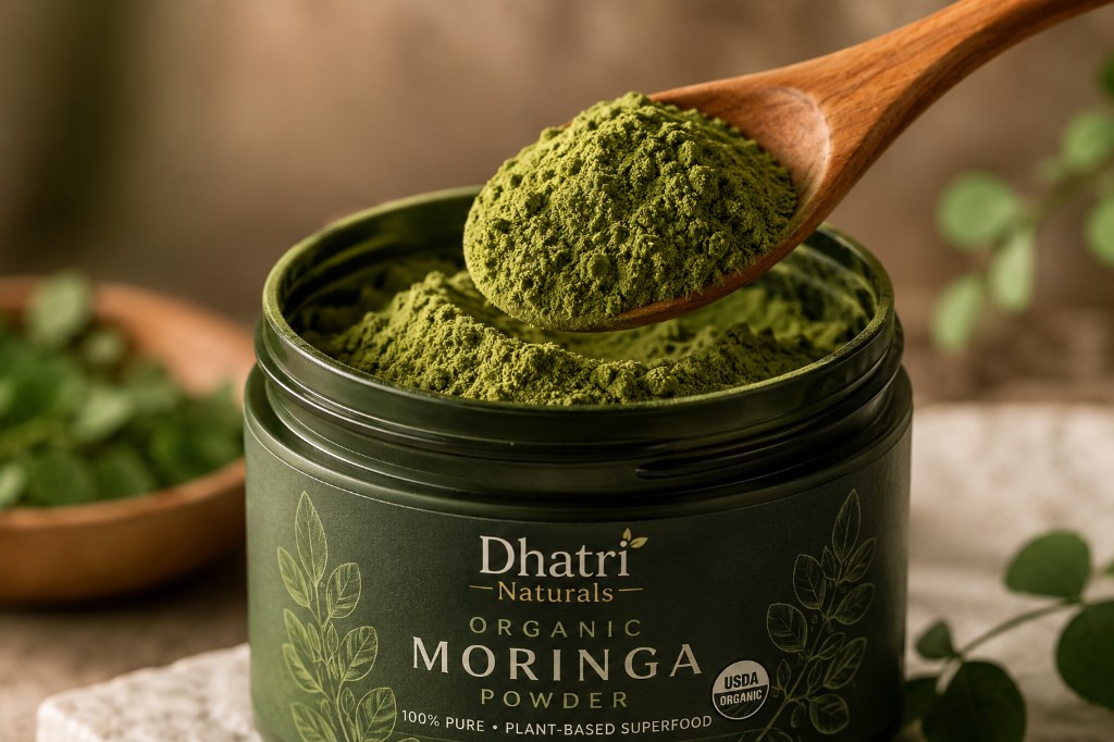 Fine organic moringa powder texture on a wooden spoon